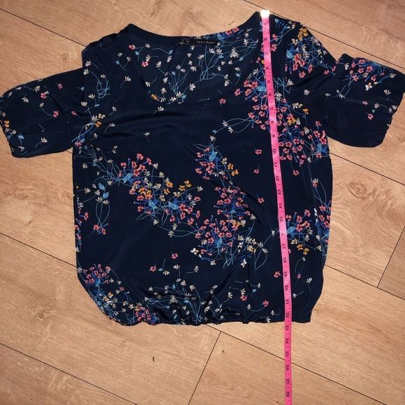 Zara Navy Floral Puff Sleeve Elastic Waist Blouse Top Size Medium - Picture 9 of 10